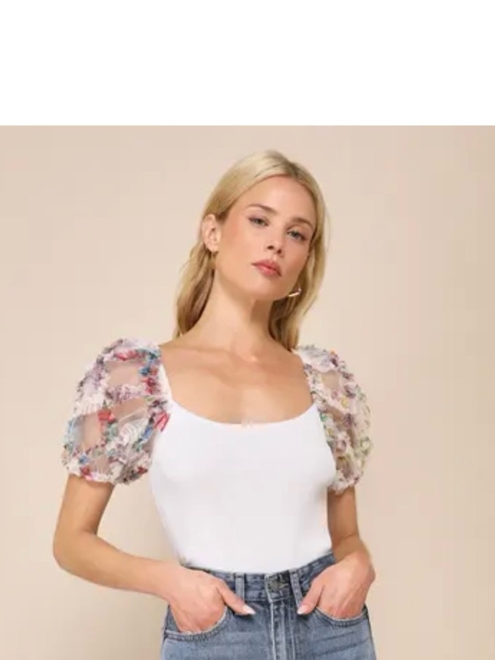 Lulu's Cream Top with Floral Puff Organza Sleeves - Picture 11 of 12